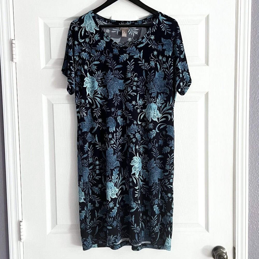 Chico's blue floral prints stretch slip-on short sleeve dress size 2 (L)